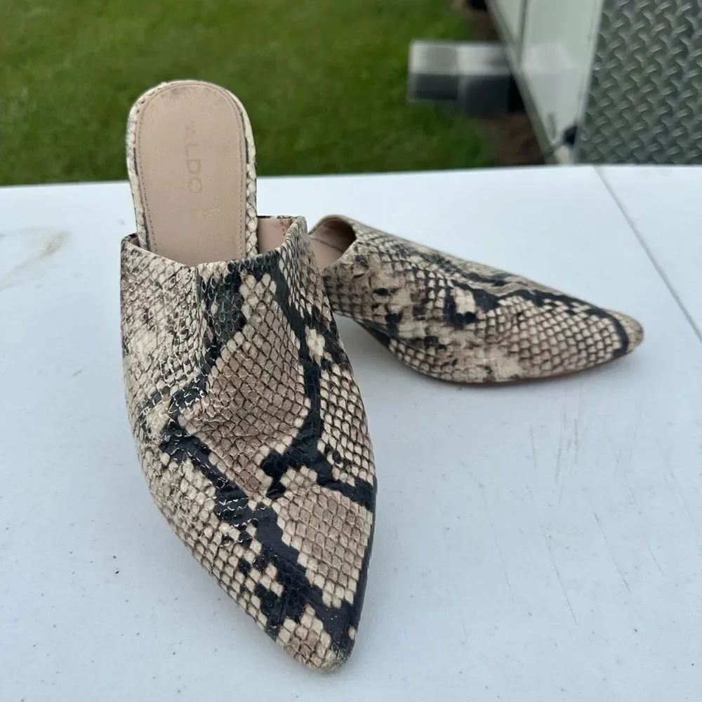 Aldo Black and Tan Mules with Snake Print